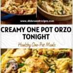 Bowl of creamy chicken orzo dinner with tender rotisserie chicken and herbs in a light sauce.